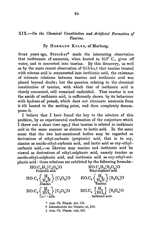 XIX.—On the chemical constitution and artificial formation of taurine