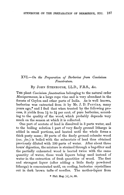 XVI.—On the preparation of berberine from coscinium fenestratum