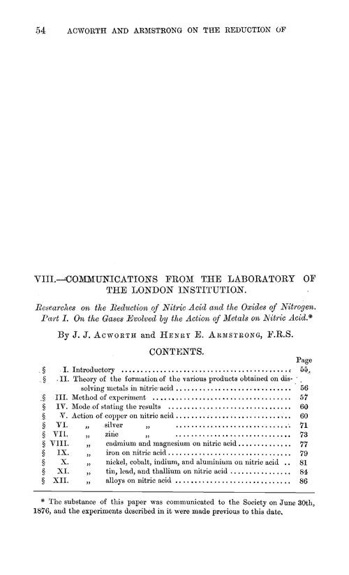 VIII.—Communications from the Laboratory of the London Institution. Researches on the reduction of nitric acid and the oxides of nitrogen. Part I. On the gases evolved by the action of metals on nitric acid