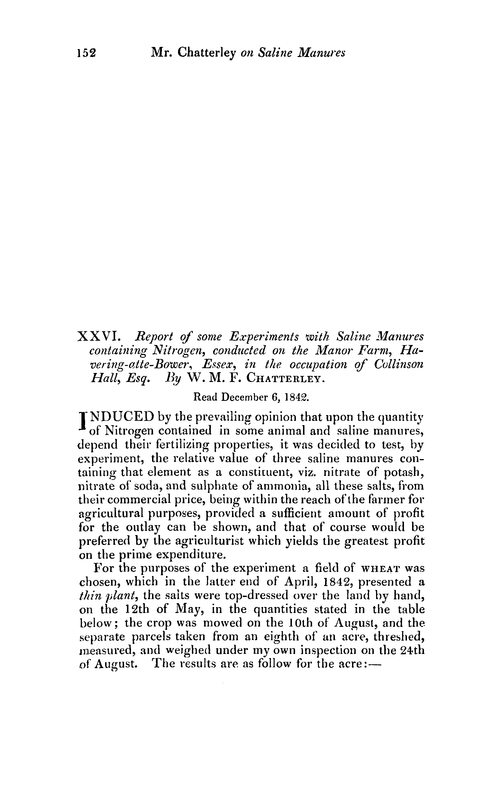 XXVI. Report of some experiments with saline manures containing nitrogen, conducted on the manor farm, havering-atte-bower, essex, in the occupation of collinson of hall, esq.