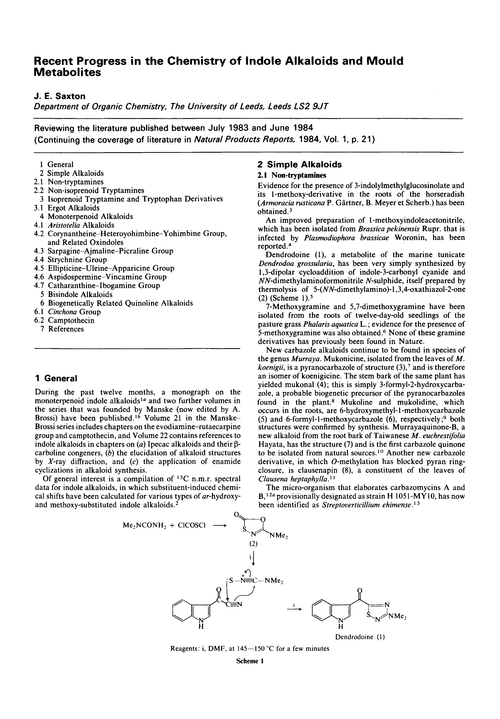 Recent progress in the chemistry of indole alkaloids and mould metabolites