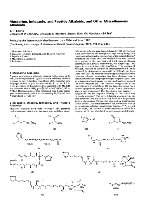 Muscarine, imidazole, and peptide alkaloids, and other miscellaneous alkaloids