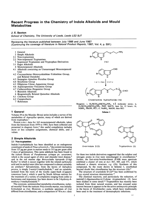 Racent progress in the chemistry of indole alkaloids and mould metabolites