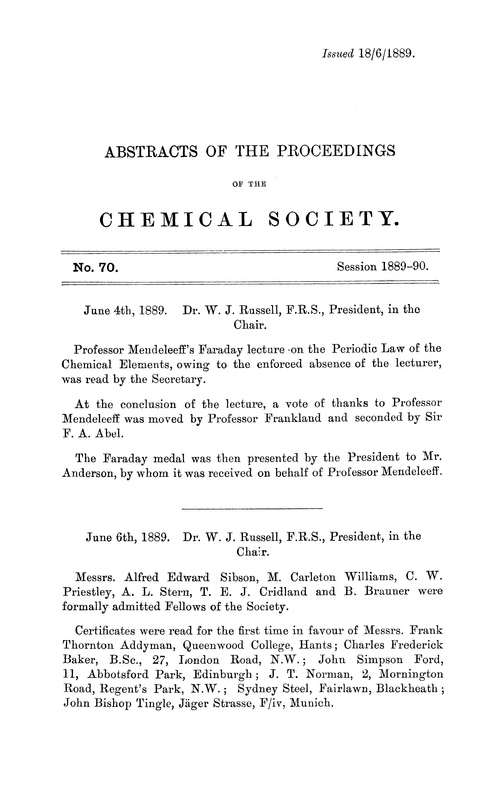 Abstracts of the Proceedings of the Chemical Society, Vol. 5, No. 70