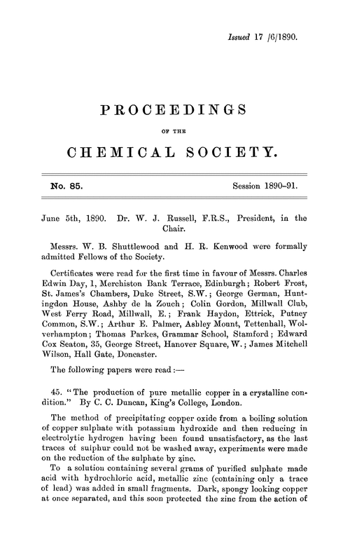 Proceedings of the Chemical Society, Vol. 6, No. 85