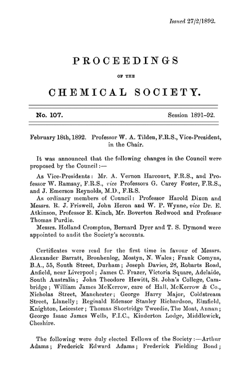 Proceedings of the Chemical Society, Vol. 8, No. 107