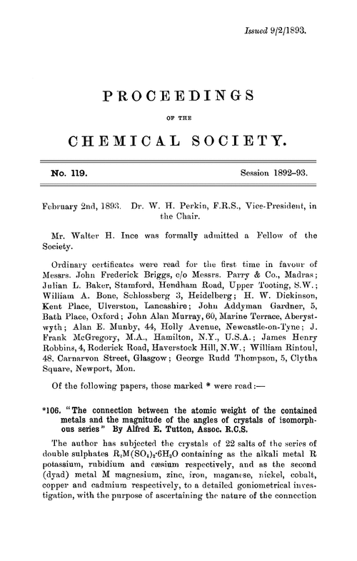 Proceedings of the Chemical Society, Vol. 9, No. 119
