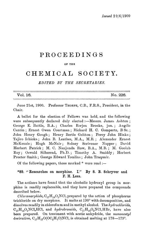 Proceedings of the Chemical Society, Vol. 16, No. 226