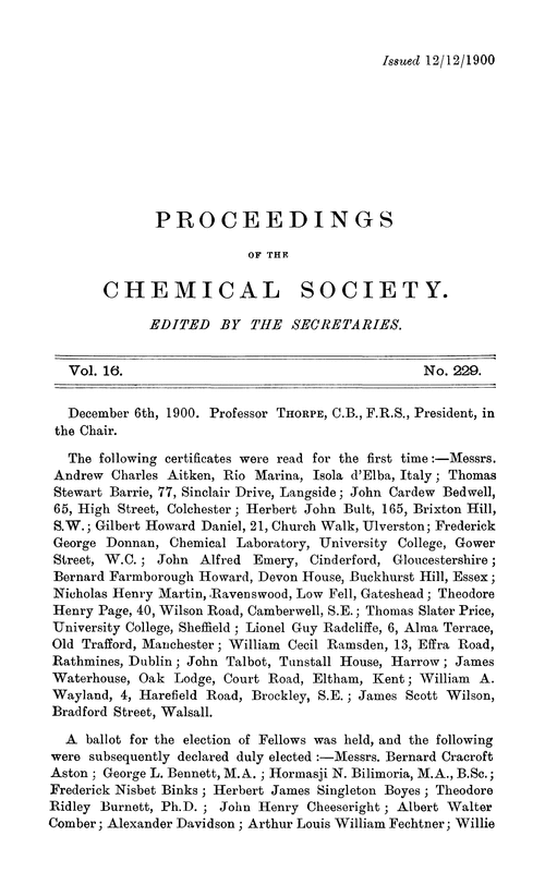 Proceedings of the Chemical Society, Vol. 16, No. 229