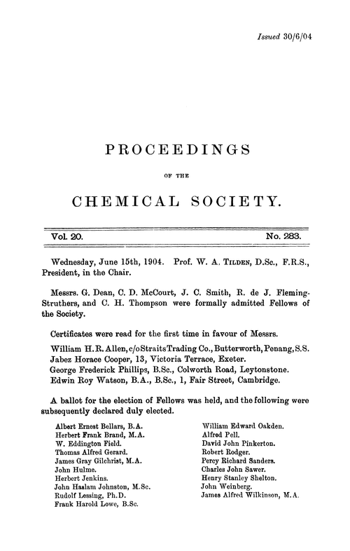 Proceedings of the Chemical Society, Vol. 20, No. 283