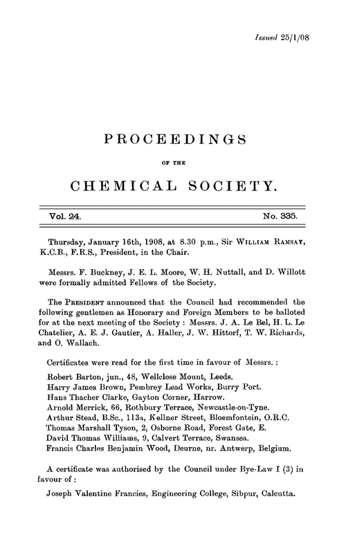 Proceedings of the Chemical Society, Vol. 24, No. 335