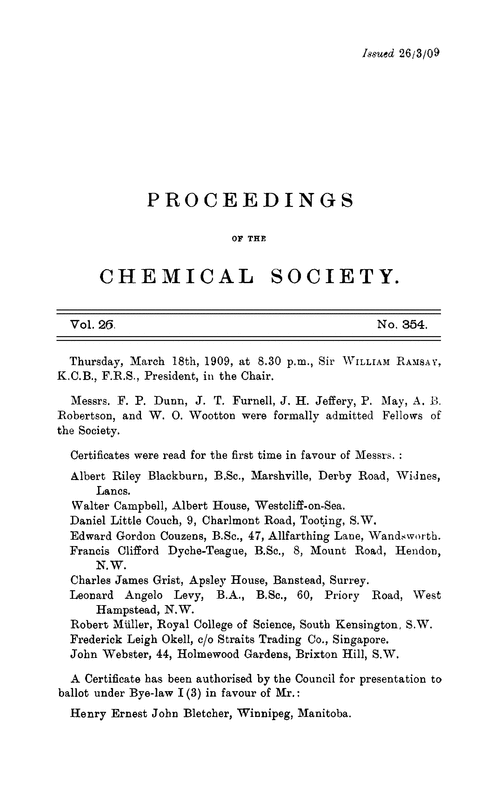 Proceedings of the Chemical Society, Vol. 25, No. 354