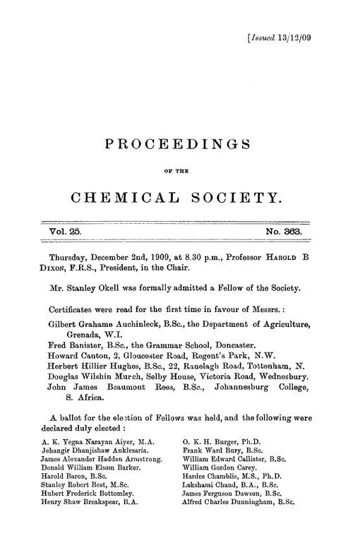 Proceedings of the Chemical Society, Vol. 25, No. 363