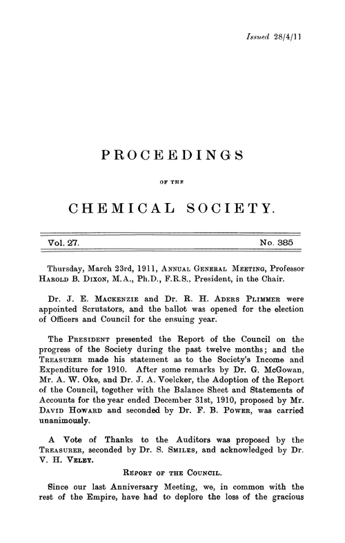 Proceedings of the Chemical Society, Vol. 27, No. 385