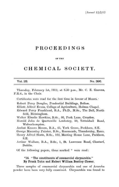 Proceedings of the Chemical Society, Vol. 28, No. 396