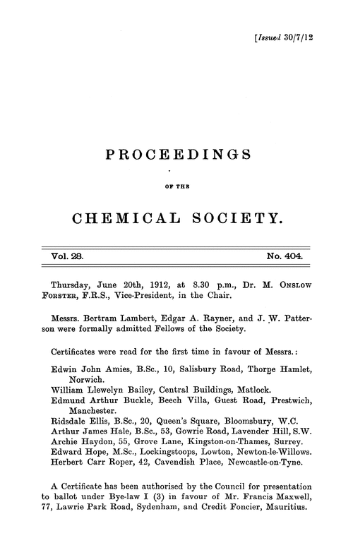 Proceedings of the Chemical Society, Vol. 28, No. 404