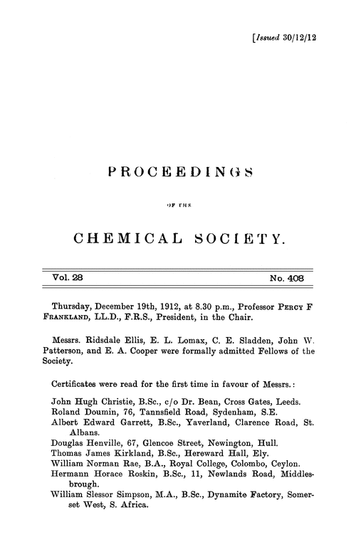 Proceedings of the Chemical Society, Vol. 28, No. 408