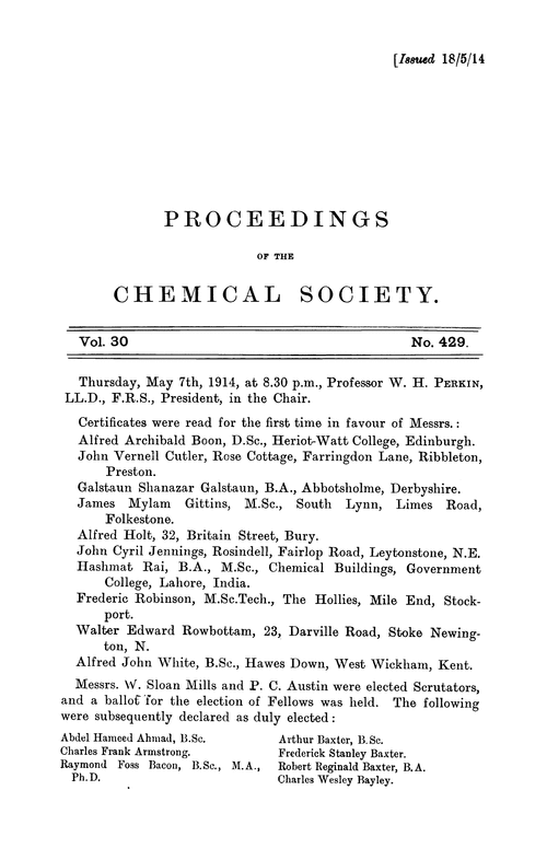 Proceedings of the Chemical Society, Vol. 30, No. 429
