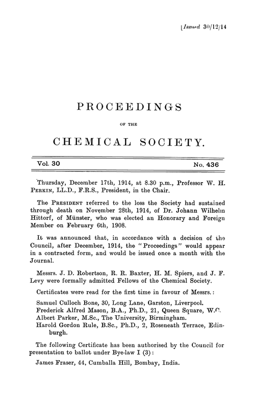 Proceedings of the Chemical Society, Vol. 30, No. 436