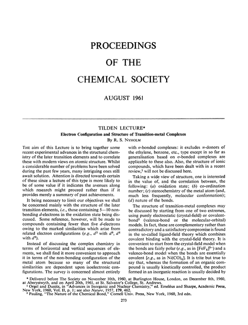 Proceedings of the Chemical Society. August 1961