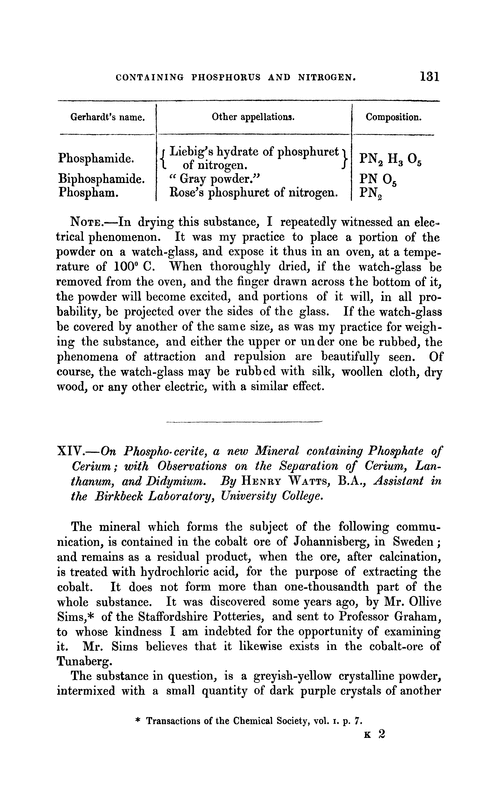 XIV.—On phospho-cerite, a new mineral containing phosphate of cerium; with observations on the separation of cerium, lanthanum, and didymium
