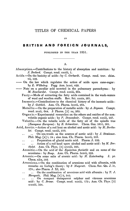 Titles of chemical papers in British and foreign journals, published in the year 1851