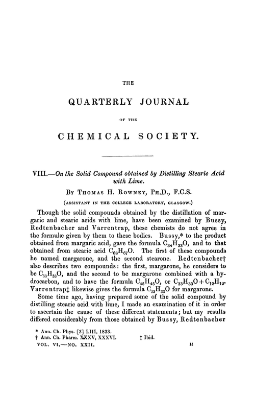VIII.—On the solid compound obtained by distilling stearic acid with lime