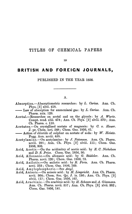 Titles of chemical papers in British and foreign journals, published in the year 1856