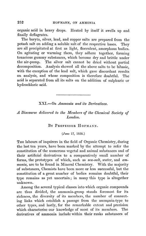 XXI.—On ammonia and its derivatives. A discourse delivered to the members of the Chemical Society of London