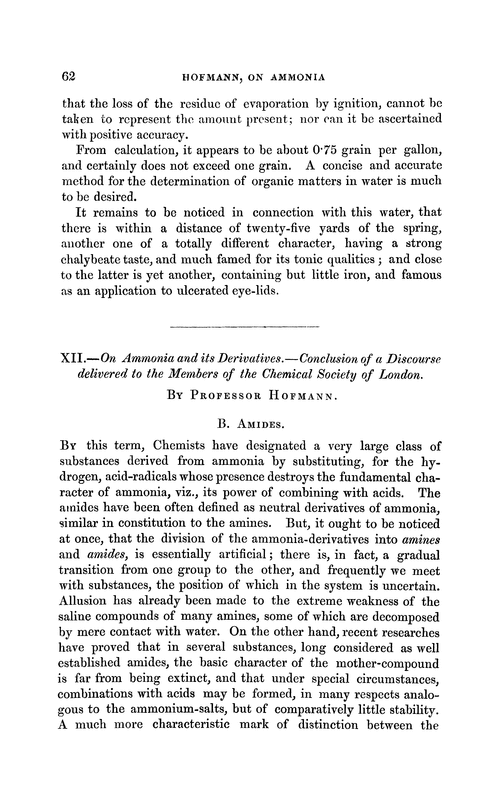 XII.—On ammonia and its derivatives.—Conclusion of a discourse delivered to the members of the Chemical Society of London