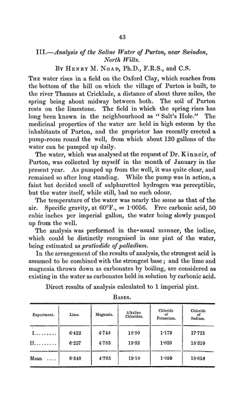 III.—Analysis of the saline water of Purton, near Swindon, North Wilts