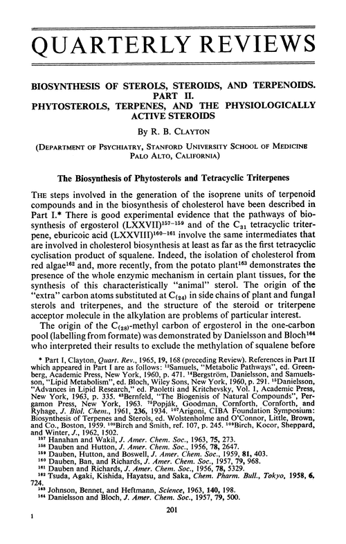 Biosynthesis of sterols, steroids, and terpenoids. Part II. Phytosterols, terpenes, and the physiologically active steroids