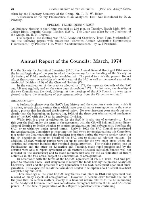 Annual Report of the Councils: March, 1974