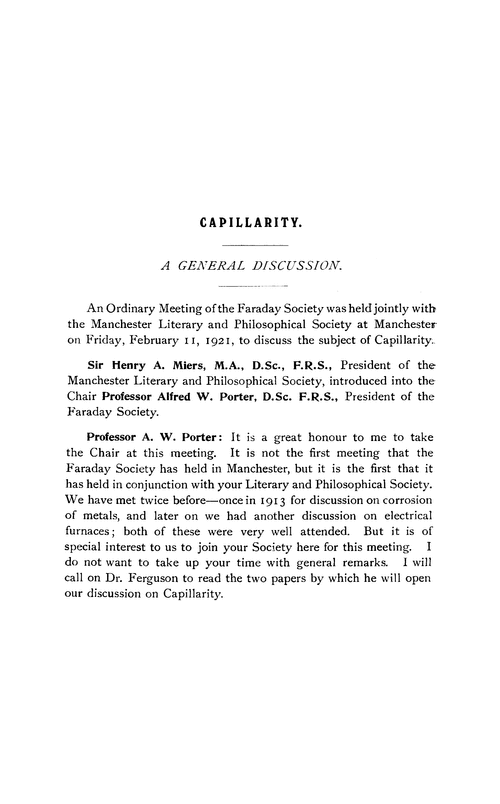 Capillarity. A general discussion