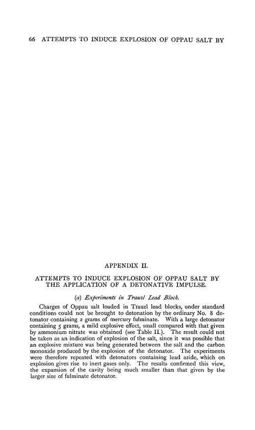Appendix II. Attempts to induce explosion of Oppau salt by the application of a detonative impulse