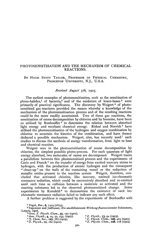 Photosensitisation and the mechanism of chemical reactions