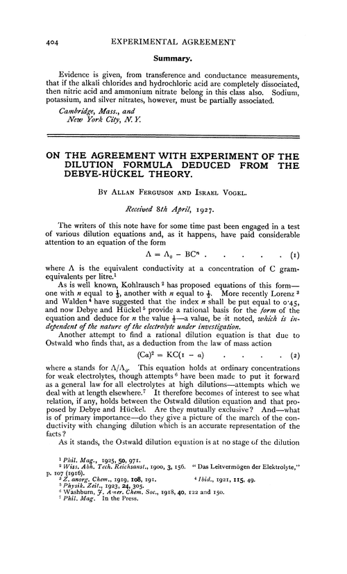 On the agreement with experiment of the dilution formula deduced from the Debye-Hückel theory
