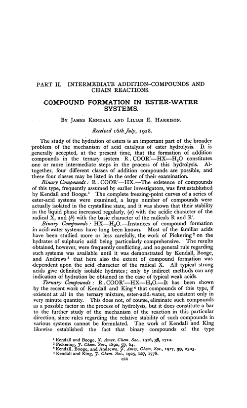 Part II. Intermediate addition-compounds and chain reactions. Compound formation in ester-water systems