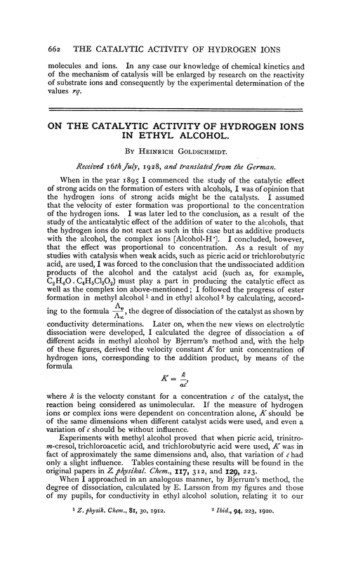 On the catalytic activity of hydrogen ions in ethyl alcohol