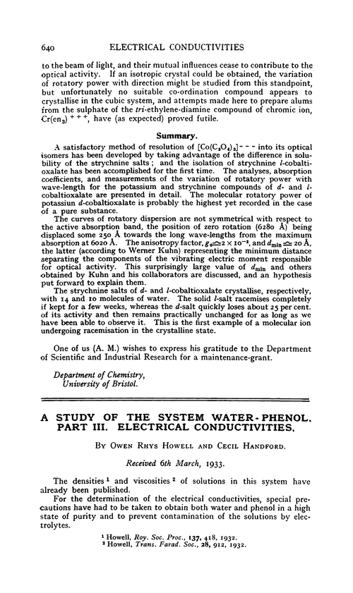 A study of the system water-phenol. Part III. Electrical conductivities