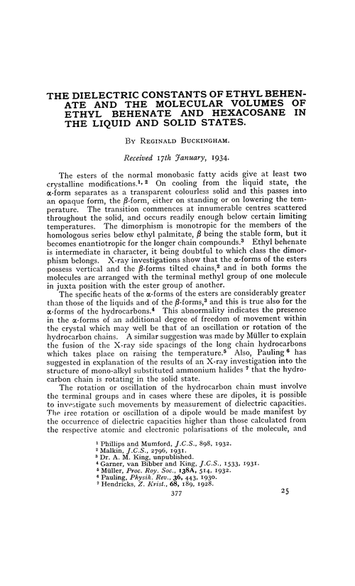 The dielectric constants of ethyl behenate and the molecular volumes of ethyl behenate and hexacosane in the liquid and solid states