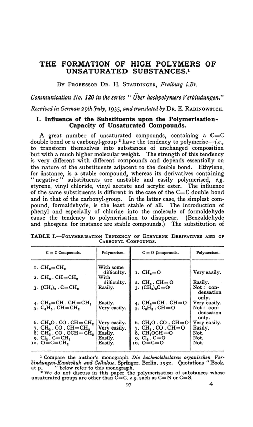 The formation of high polymers of unsaturated substances