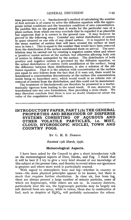Introductory paper, Part I.(b) The general properties and behaviour of disperse systems consisting of aqueous and other volatile particles, i.e. mist, cloud, hygroscopic nuclei, town and country fogs
