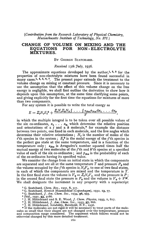 Change of volume on mixing and the equations for non-electrolyte mixtures