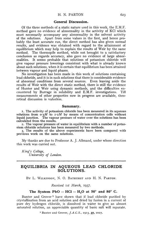 Equilibria in aqueous lead chloride solutions
