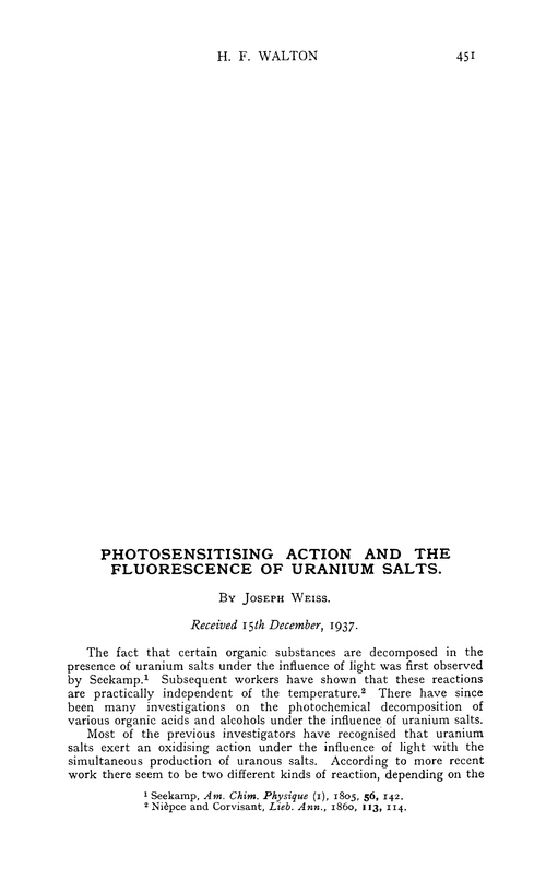 Photosensitising action and the fluorescence of uranium salts