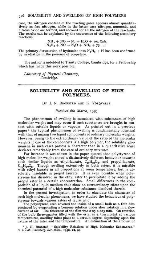 Solubility and swelling of high polymers