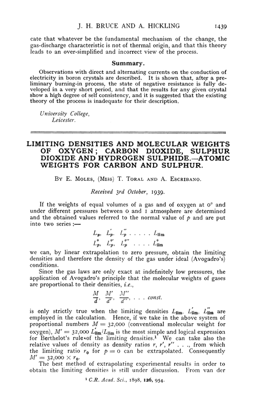 Limiting densities and molecular weights of oxygen; carbon dioxide, sulphur dioxide and hydrogen sulphide.—Atomic weights for carbon and sulphur