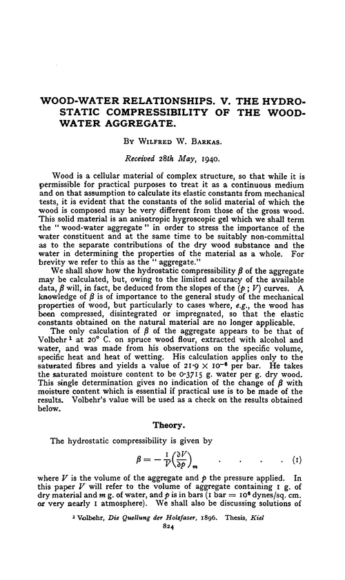 Wood-water relationships. V. The hydrostatic compressibility of the wood-water aggregate