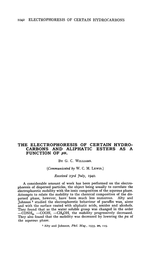 The electrophoresis of certain hydrocarbons and aliphatic esters as a function of pH